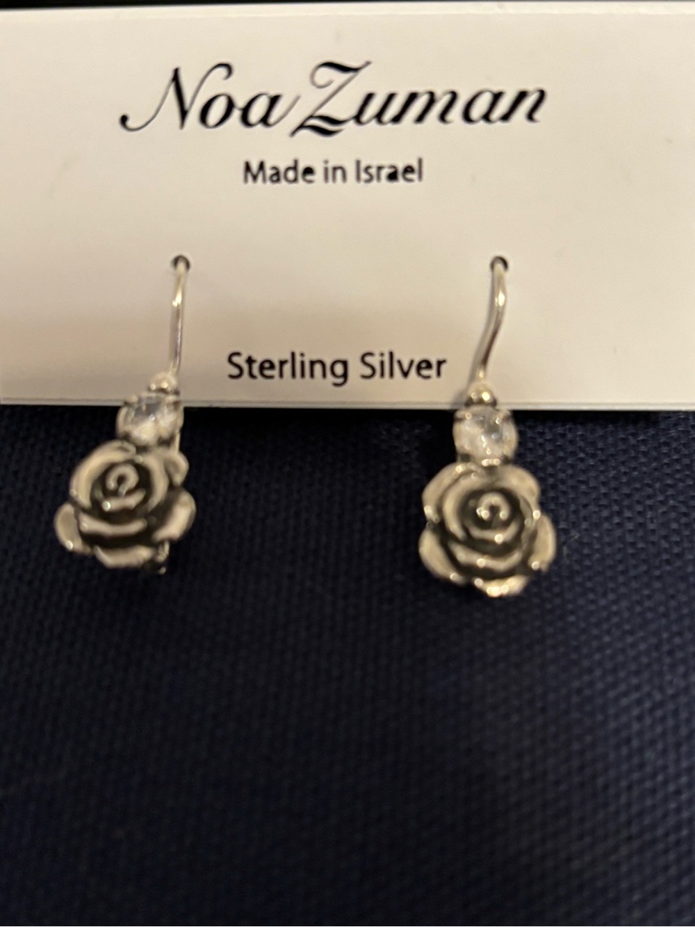 Noa Zuman Earrings Sterling Silver Dangle Flower Rose CZ Israel NEW